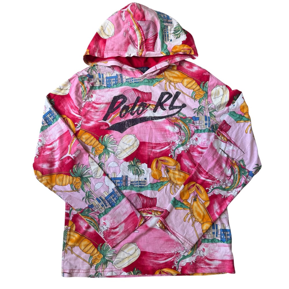Polo Ralph Lauren Boys XL Lobster Beach Graphic Hoodie Rare 100% Cotton‎ Bold
